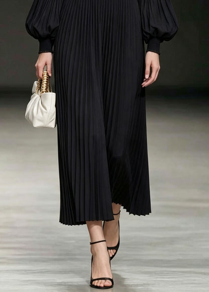 Fitted Black O-Neck Cotton Pleated Dresses Lantern Sleeve