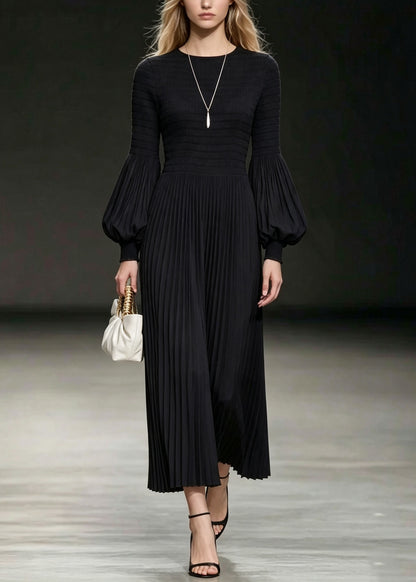 Fitted Black O-Neck Cotton Pleated Dresses Lantern Sleeve