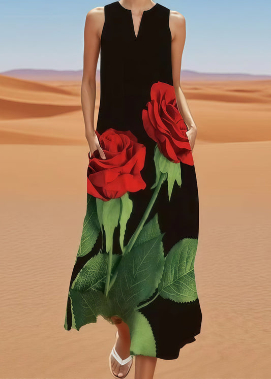 Fitted Black Oversized Floral Cotton A Line Dress Sleeveless