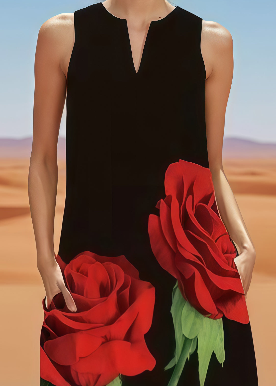 Fitted Black Oversized Floral Cotton A Line Dress Sleeveless