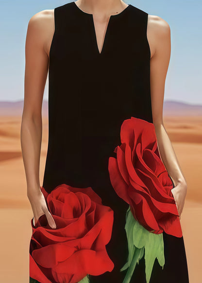 Fitted Black Oversized Floral Cotton A Line Dress Sleeveless