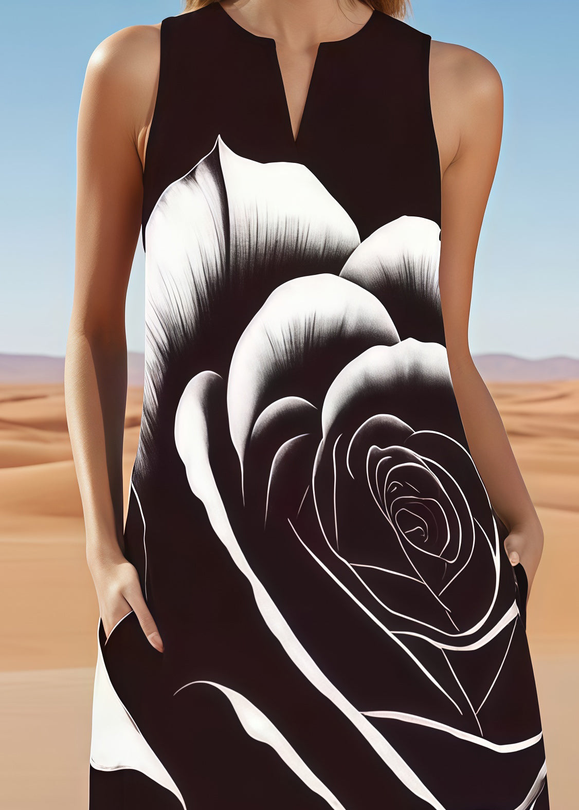 Fitted Black Oversized Floral Cotton A Line Dress Sleeveless