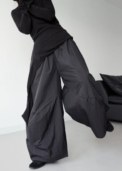 Fitted Black Oversized Pockets Fine Cotton Filled Pants Winter