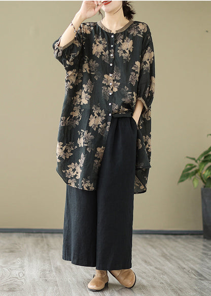 Fitted Black Oversized Print Linen Shirt Dress Lantern Sleeve