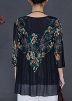 Fitted Black Oversized Print Tulle Blouses Bracelet Sleeve