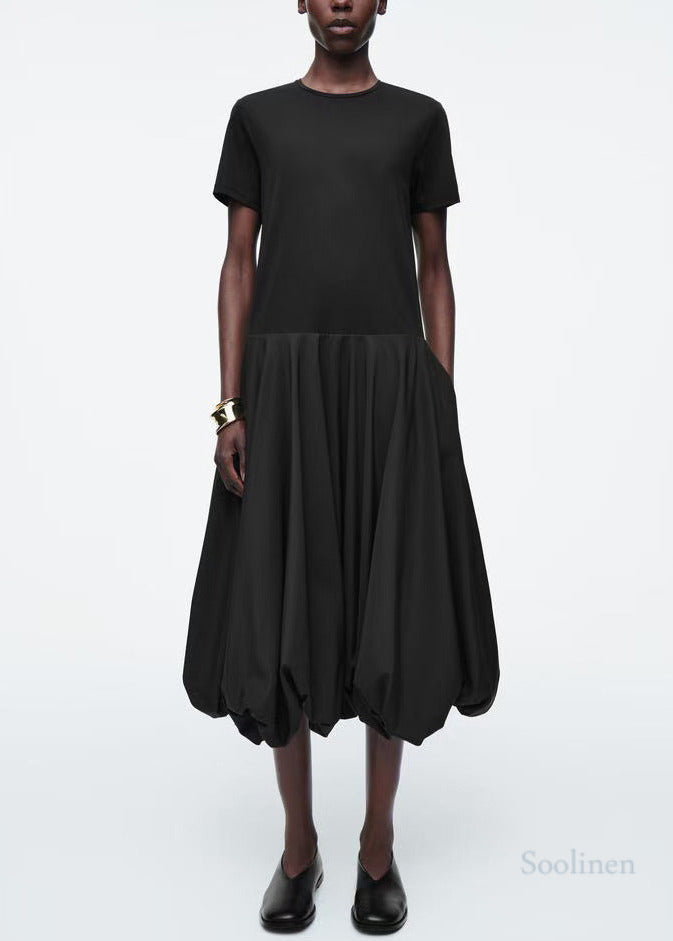 Fitted Black Patchwork Cotton Lantern Dresses Summer