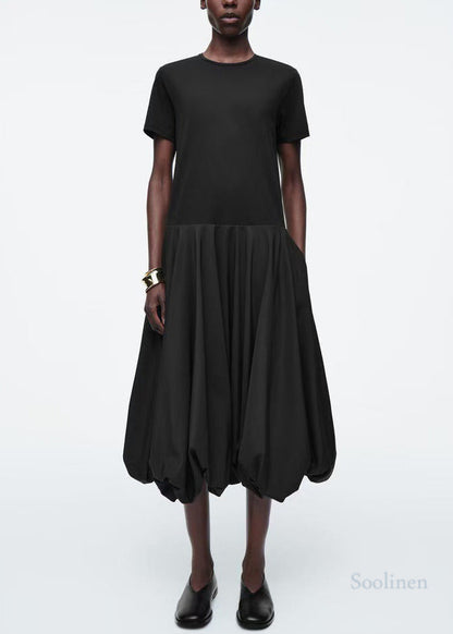 Fitted Black Patchwork Cotton Lantern Dresses Summer