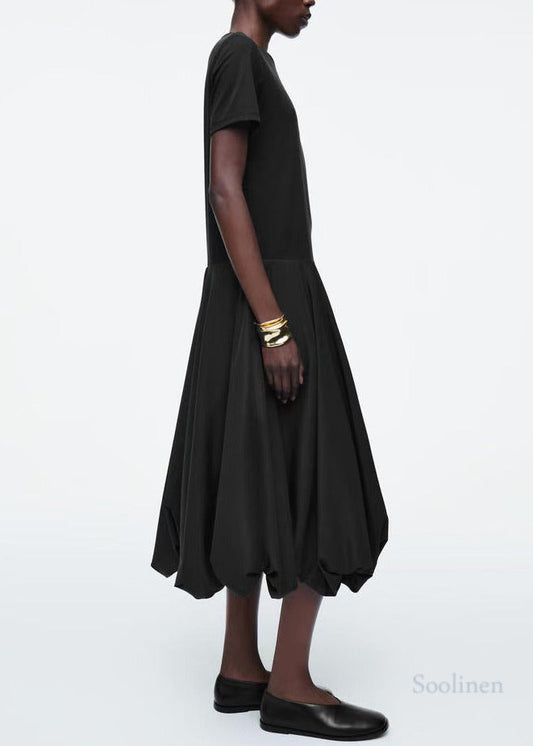 Fitted Black Patchwork Cotton Lantern Dresses Summer