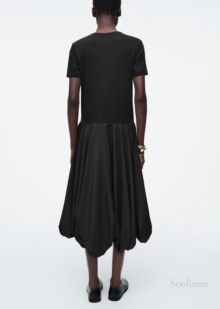 Fitted Black Patchwork Cotton Lantern Dresses Summer