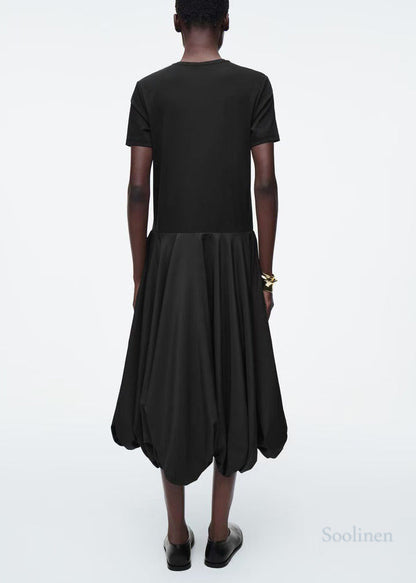 Fitted Black Patchwork Cotton Lantern Dresses Summer