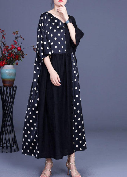 Fitted Black Patchwork Dot V Neck Silk Ankle Dress Summer - SooLinen