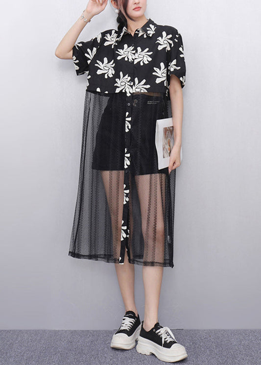 Fitted Black Peter Pan Collar Print Tulle Patchwork Holiday Long Dress Summer