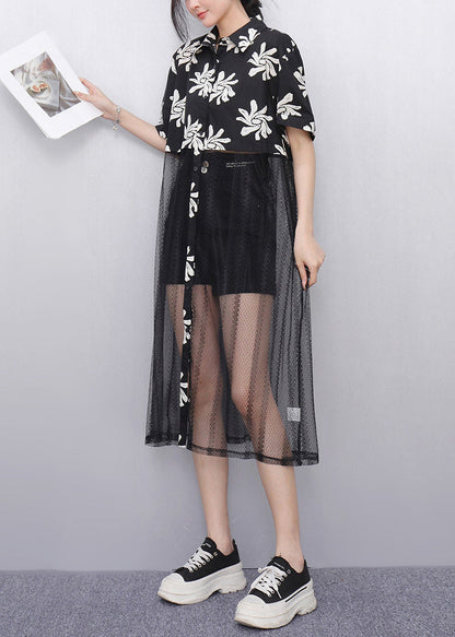 Fitted Black Peter Pan Collar Print Tulle Patchwork Holiday Long Dress Summer