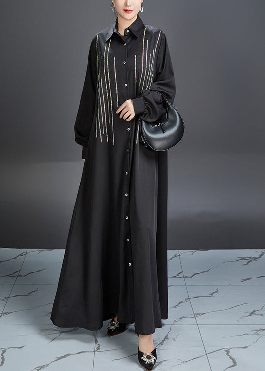 Fitted Black Peter Pan Collar Striped Maxi Dresses Lantern Sleeve