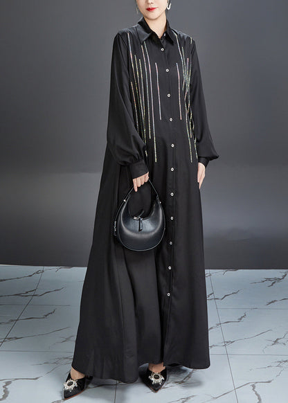 Fitted Black Peter Pan Collar Striped Maxi Dresses Lantern Sleeve