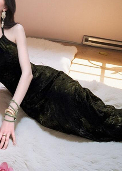 Fitted Black Print Side Open Long Spaghetti Strap Dress Sleeveless