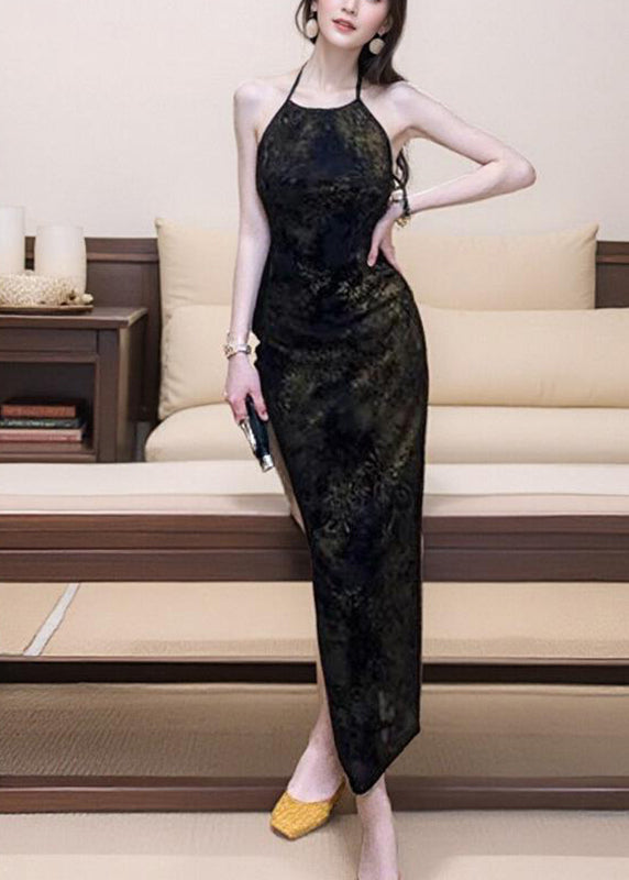 Fitted Black Print Side Open Long Spaghetti Strap Dress Sleeveless