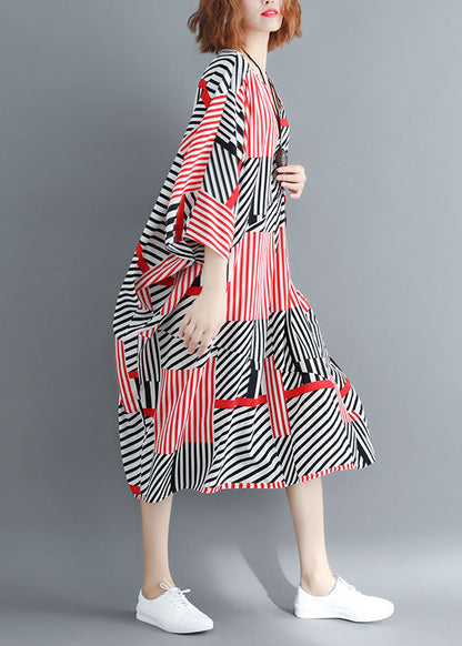 Fitted Black Red Striped Oversized Chiffon Maxi Dresses Batwing Sleeve