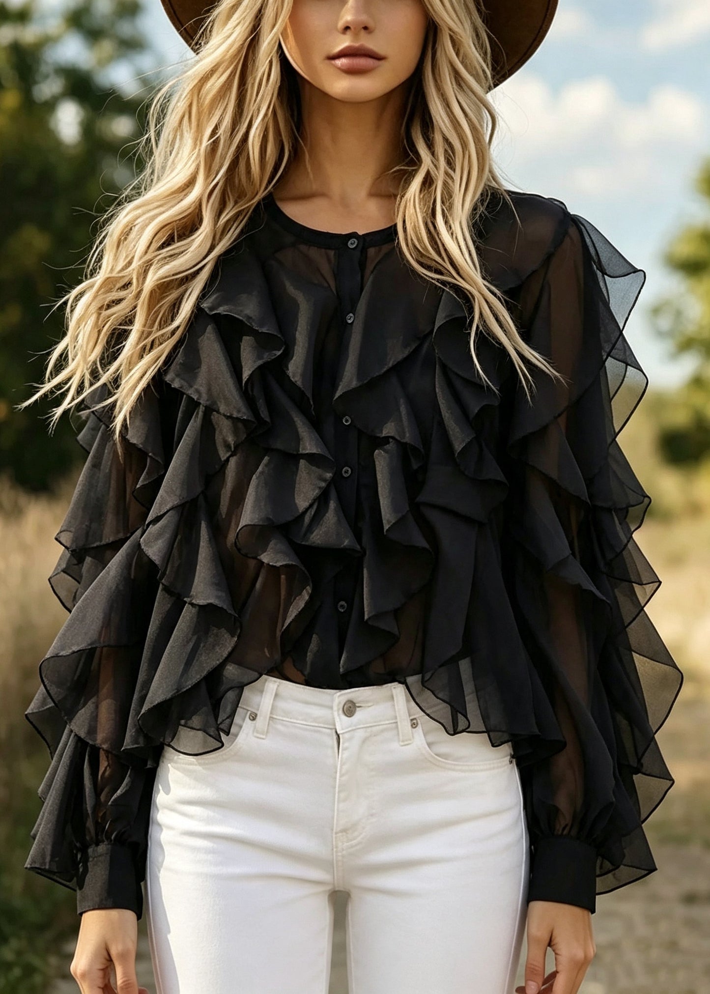 Fitted Black Ruffled Oversized Chiffon Tops Summer