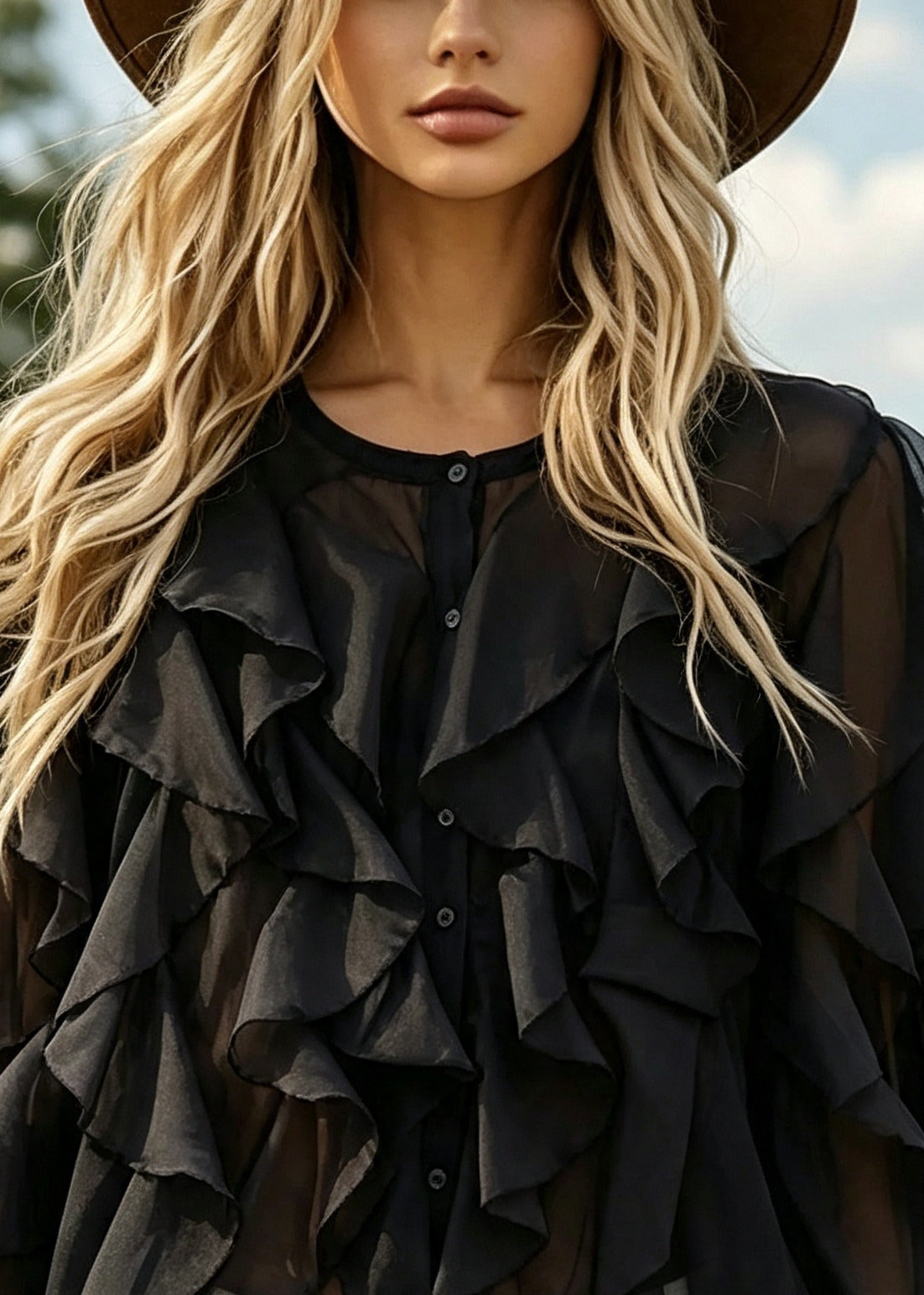 Fitted Black Ruffled Oversized Chiffon Tops Summer