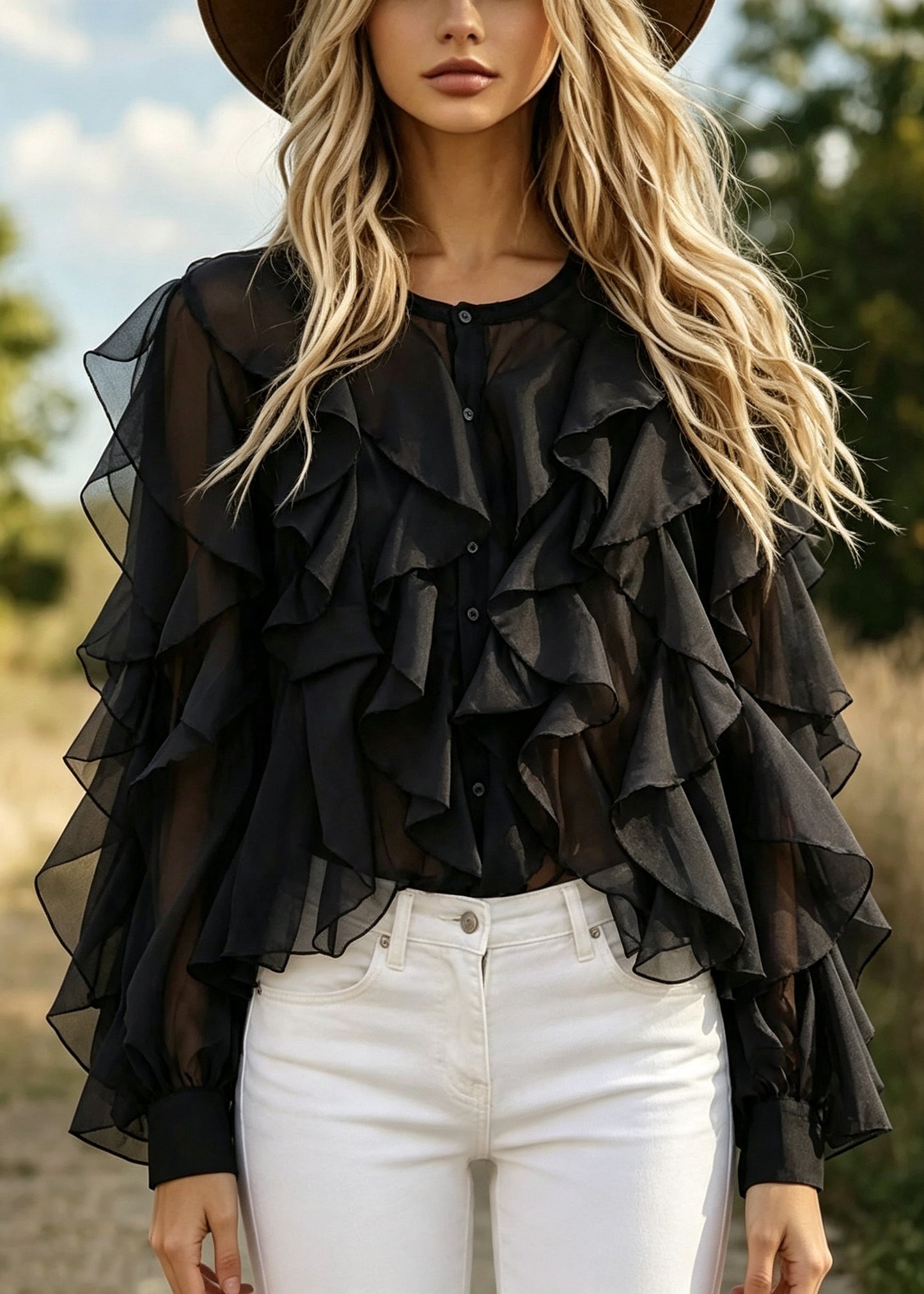 Fitted Black Ruffled Oversized Chiffon Tops Summer