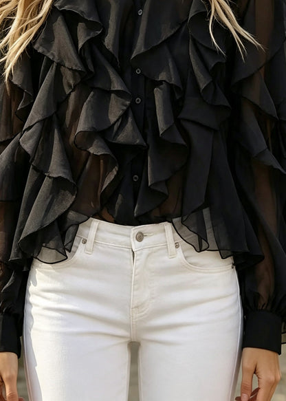 Fitted Black Ruffled Oversized Chiffon Tops Summer