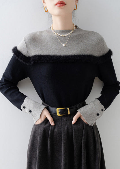 Fitted Black Stand Collar Patchwork Faux Fur Sweater Winter