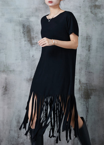 Fitted Black Tasseled Cotton Holiday Dress Summer
