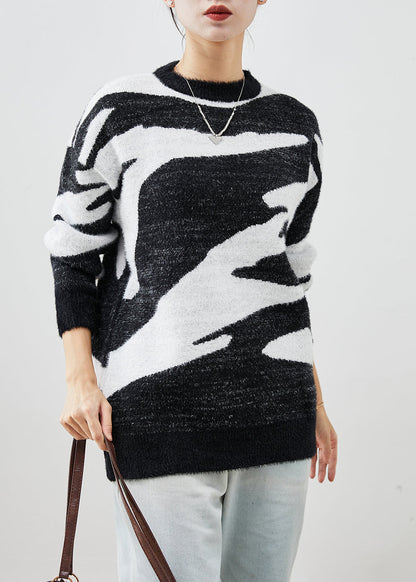 Fitted Black Thick Cow Print Knit Short Sweater Fall