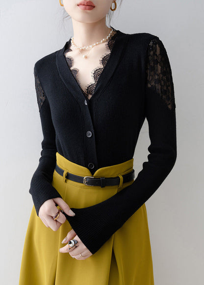 Fitted Black V Neck Lace Patchwork Knit Short Sweater Spring