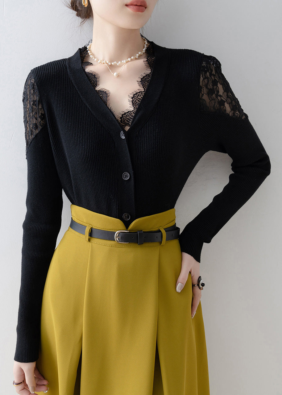 Fitted Black V Neck Lace Patchwork Knit Short Sweater Spring