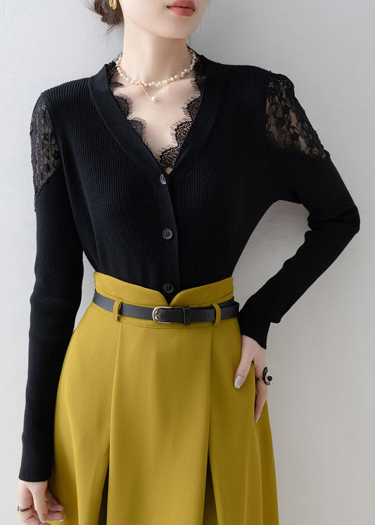 Fitted Black V Neck Lace Patchwork Knit Short Sweater Spring