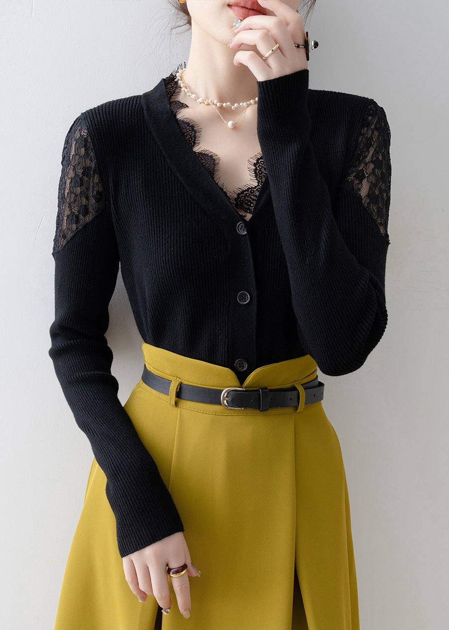 Fitted Black V Neck Lace Patchwork Knit Short Sweater Spring