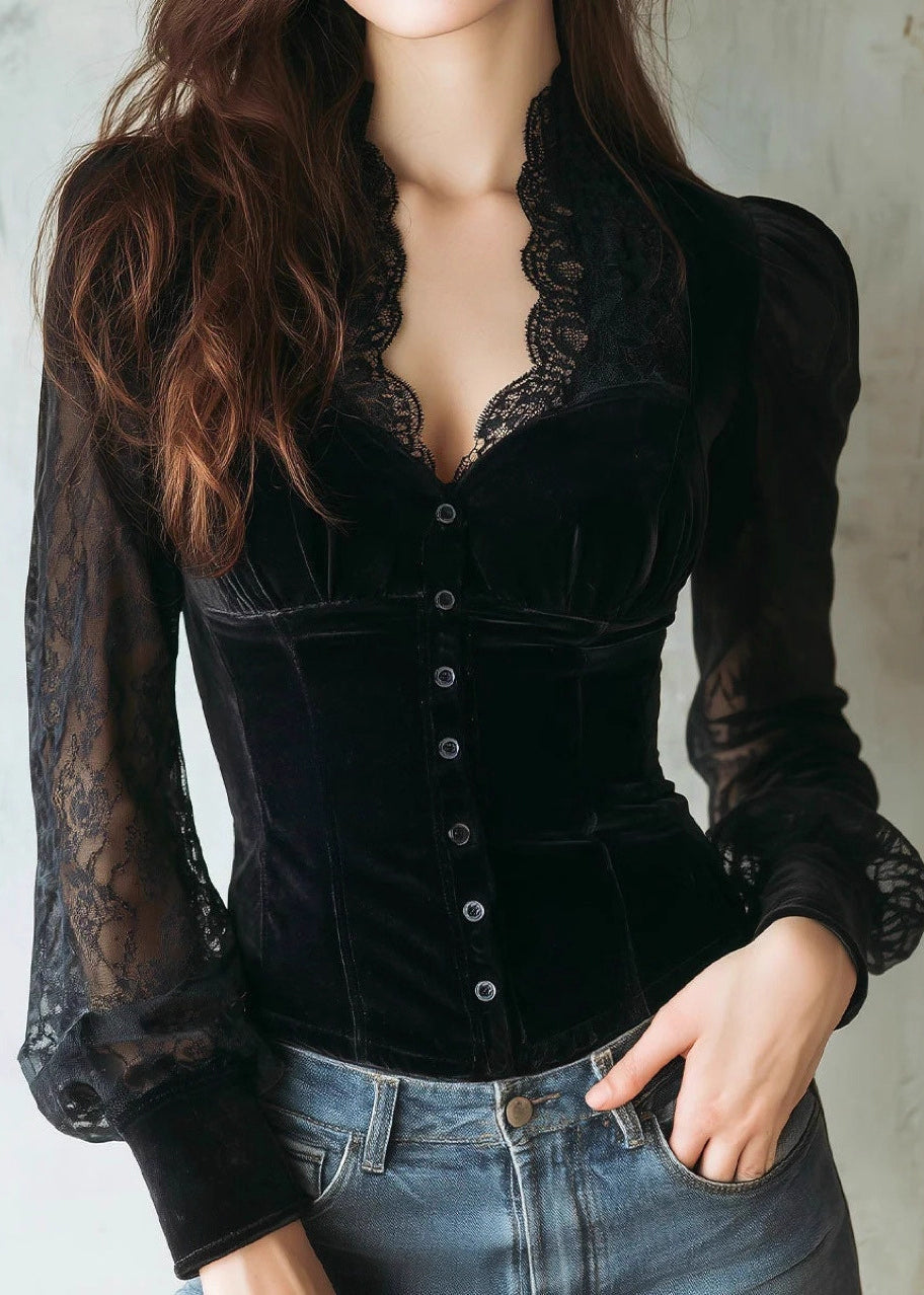 Fitted Black V Neck Lace Patchwork Velour Shirts Spring