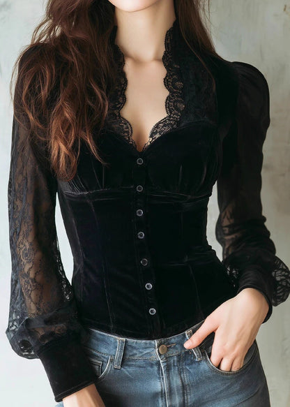 Fitted Black V Neck Lace Patchwork Velour Shirts Spring