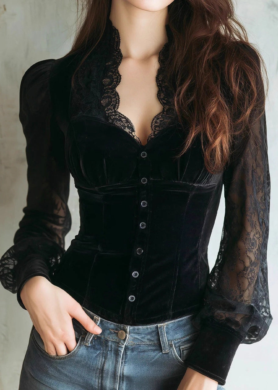 Fitted Black V Neck Lace Patchwork Velour Shirts Spring