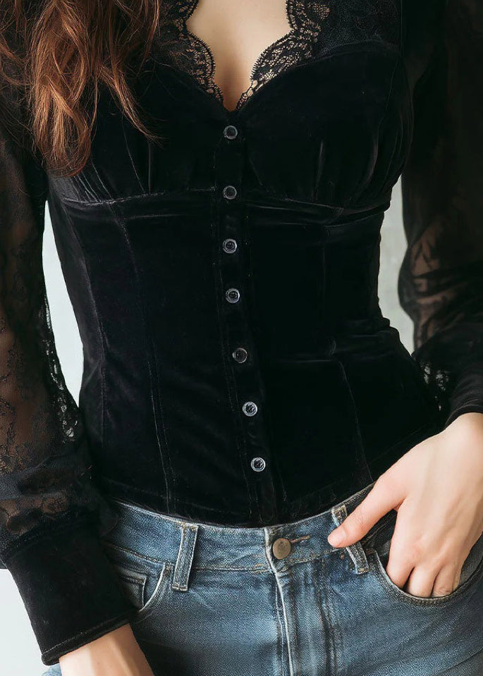 Fitted Black V Neck Lace Patchwork Velour Shirts Spring