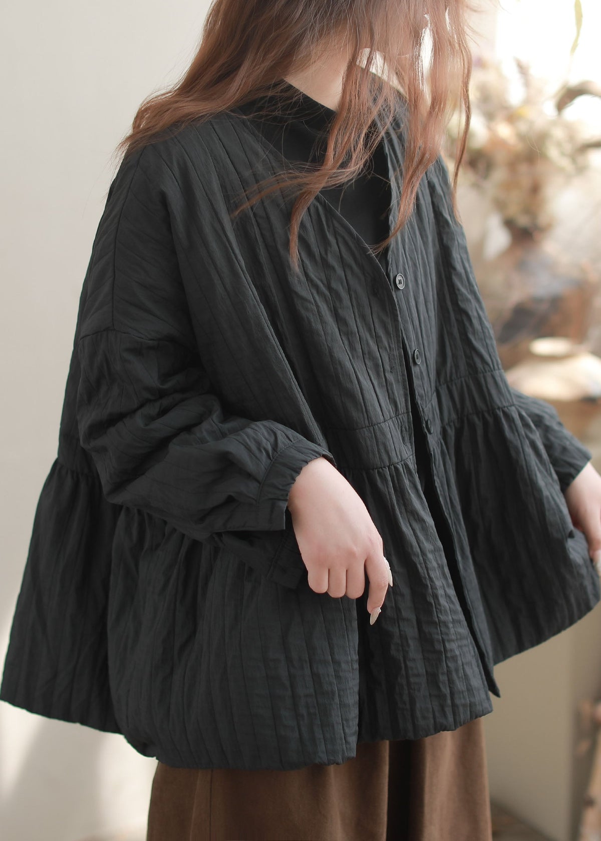 Fitted Black V Neck Oversized Fine Cotton Filled Jacket Winter