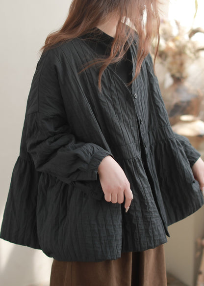 Fitted Black V Neck Oversized Fine Cotton Filled Jacket Winter