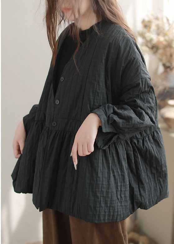 Fitted Black V Neck Oversized Fine Cotton Filled Jacket Winter