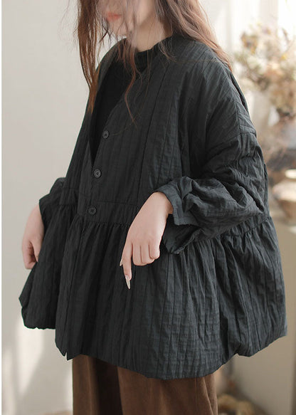 Fitted Black V Neck Oversized Fine Cotton Filled Jacket Winter