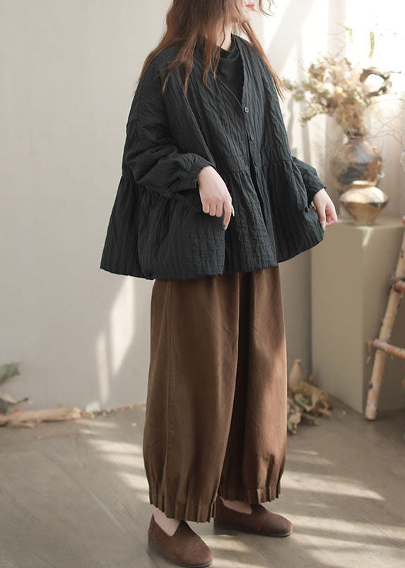 Fitted Black V Neck Oversized Fine Cotton Filled Jacket Winter