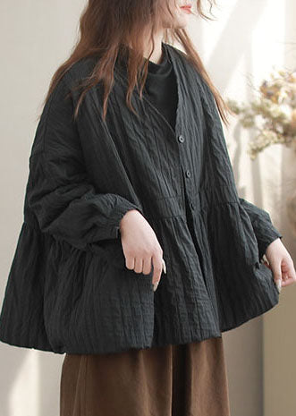 Fitted Black V Neck Oversized Fine Cotton Filled Jacket Winter
