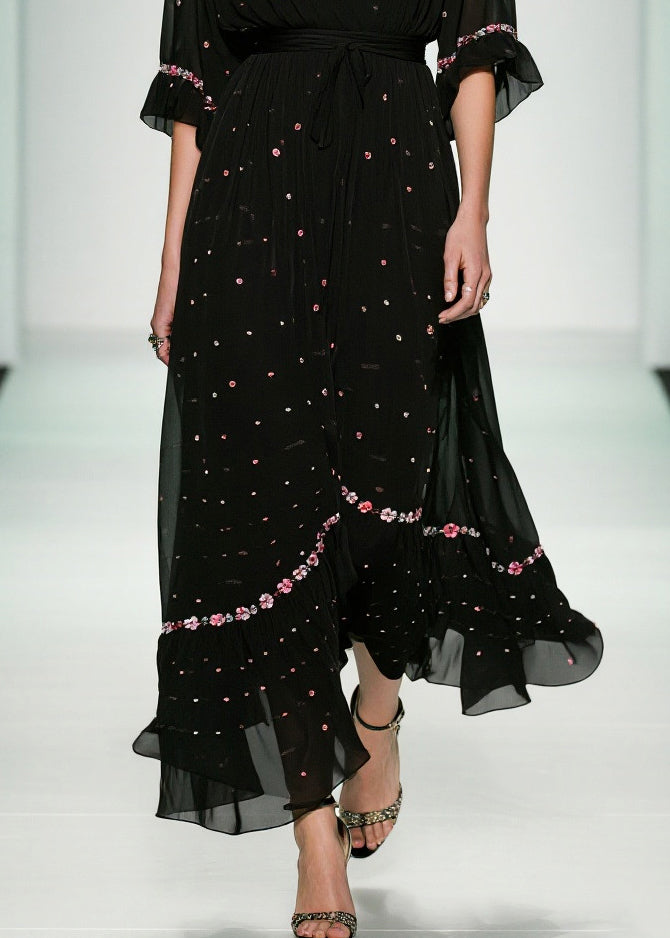 Fitted Black V Neck Print Tulle Long Dresses Summer