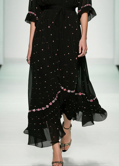 Fitted Black V Neck Print Tulle Long Dresses Summer