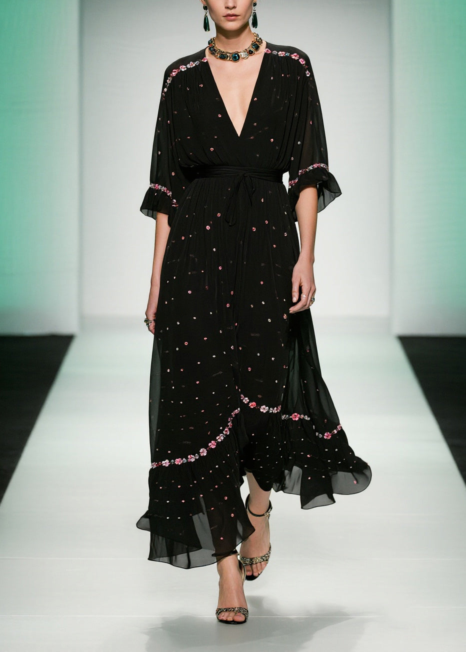 Fitted Black V Neck Print Tulle Long Dresses Summer