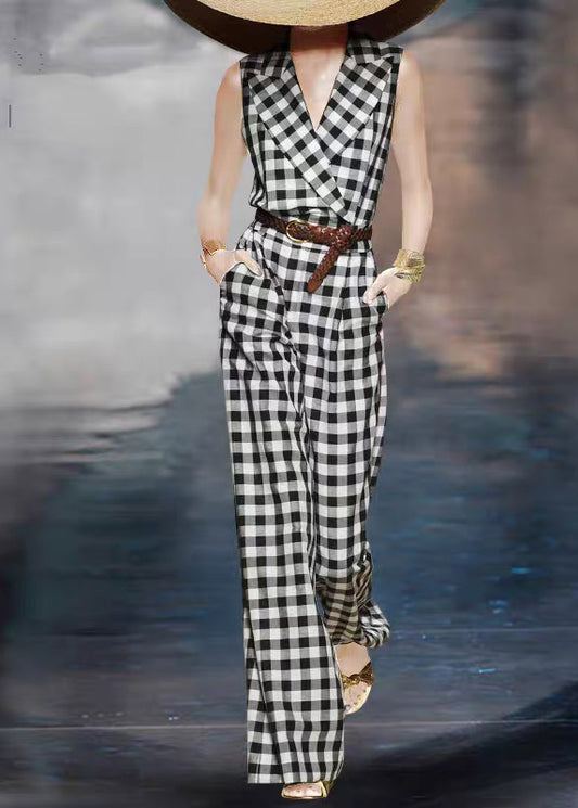 Fitted Black White Plaid Notched High Waist Sashe Jumpsuits Summer