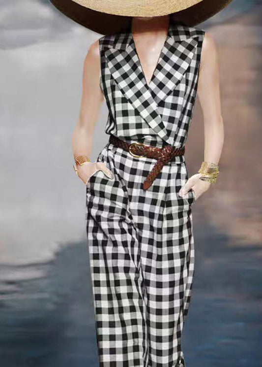 Fitted Black White Plaid Notched High Waist Sashe Jumpsuits Summer