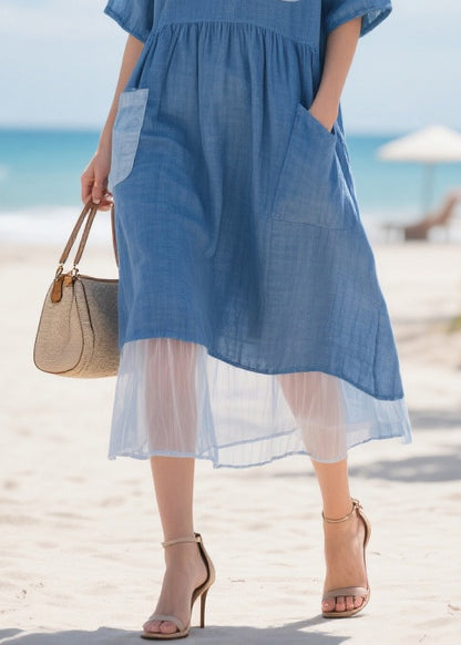 Fitted Blue Asymmetrical Patchwork Pockets Cotton Maxi Dresses Summer