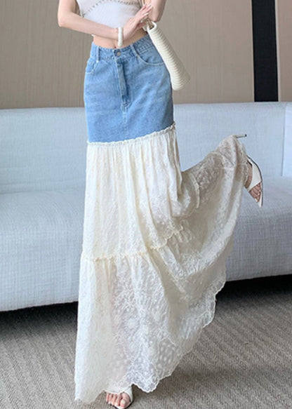 Fitted Blue Embroidered Patchwork Denim Skirts Fall